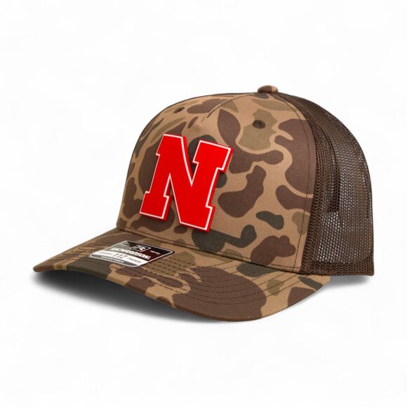 Nebraska Cornhuskers Scarlet 3D Snapback Trucker Hat- Bark Duck Camo/ Brown - Picture 1 of 3